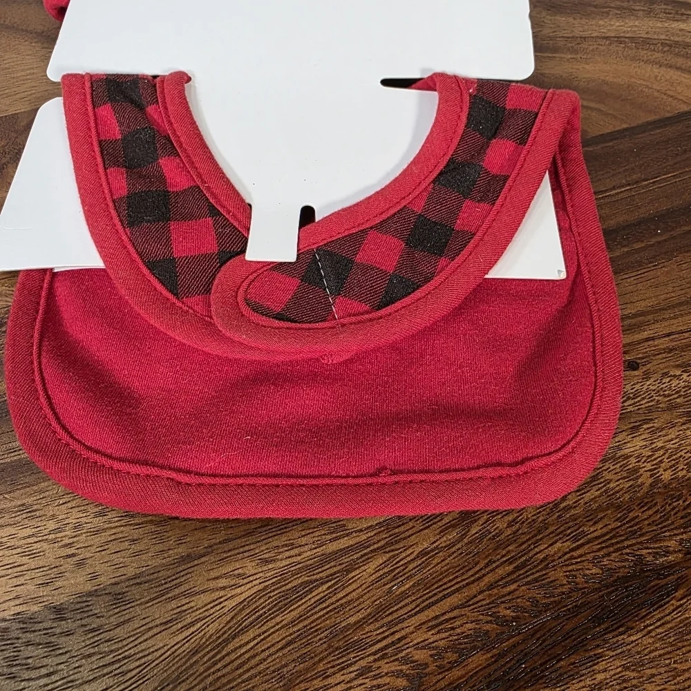 NEW Reindeer My First Christmas Bib and Hat Set Red Black Plaid